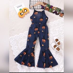 SHEIN Girls' Halloween Street Style Pumpkin Print Jumpsuit